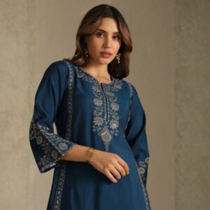 Blue Art Silk Embroidered Kurta Set With Thread Work