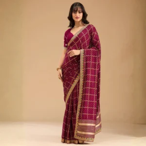 Model wearing wine-colored soft raw silk saree with gold zari weaving – full front view – Arohi Attires festive saree