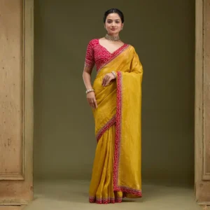 Model wearing mustard satin saree with red bandhani blouse – full front view – festive saree by Arohi Attires