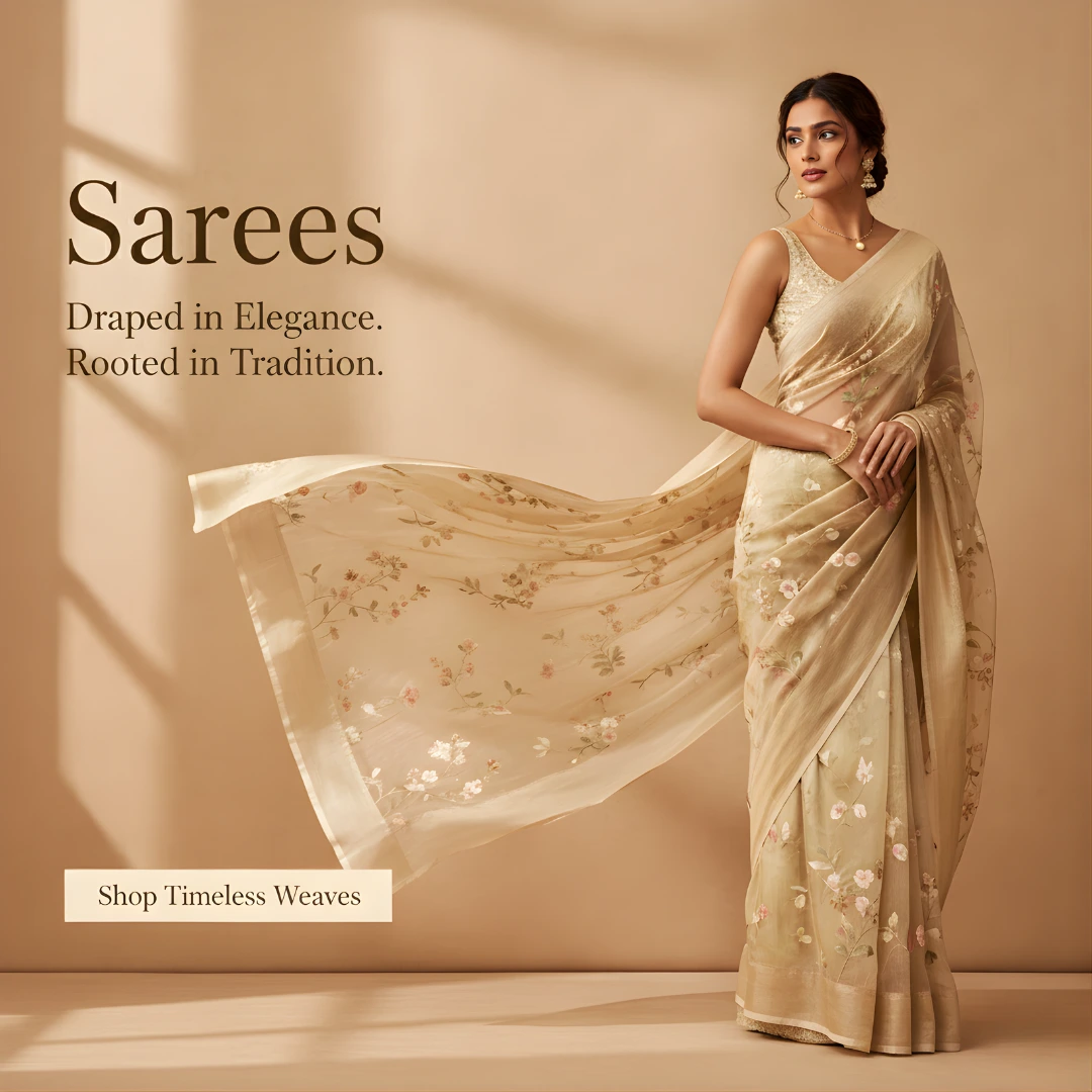 Elegant embroidered organza saree worn by a model – Arohi Attires Sarees Collection – Draped in Elegance, Rooted in Tradition