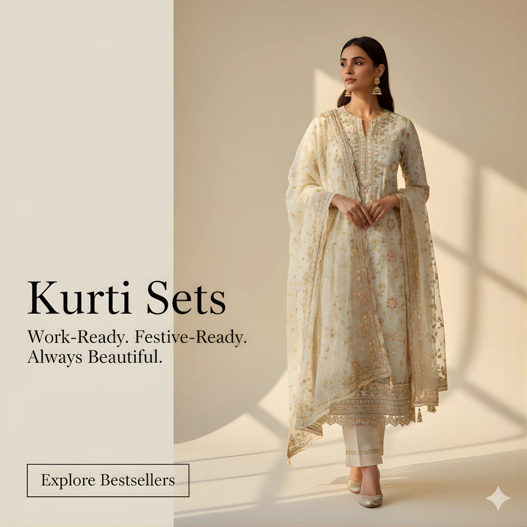 Embroidered kurti set with dupatta in ivory gold – Arohi Attires Kurti Sets Collection – Work-Ready, Festive-Ready, Always Beautiful