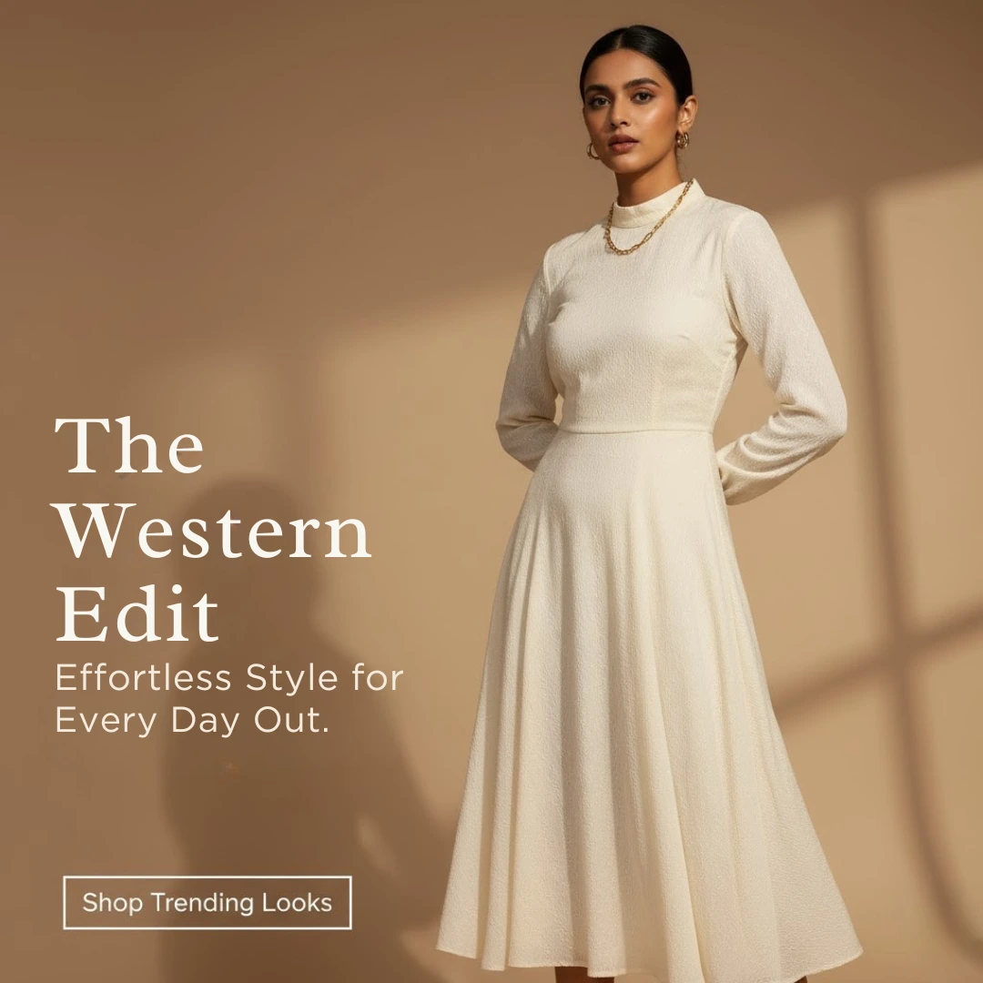 Chic ivory long-sleeve midi dress worn by model – Arohi Attires Western Wear – Effortless Style for Every Day Out