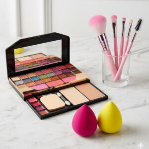 Makeup Eyeshadow Kit + 5 Pcs Makeup Brush + 2 Pc Blender Puff Combo - Multicolor